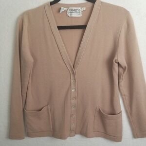 PORTS INTERNATIONAL 100% Wool Tan‎ Knit Cardigan Sweater Button Pockets Women L